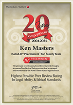 Martindale Hubbell | 20 years Anniversary 2004-2024 | Ken Masters | Rated AV Preeminent for Twenty years | The pinnacle of professional excellence earned through a strenuous Peer Review Rating process that is managed and monitored by the world's most trusted legal resource | Highest Possible Peer Review Rating In Legal Ability & Ethical Standards